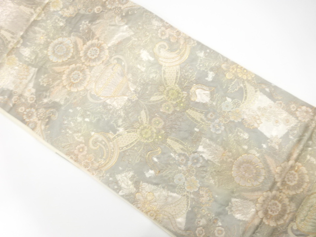 アンティーク　花瓶に花模様織り出し袋帯（材料）